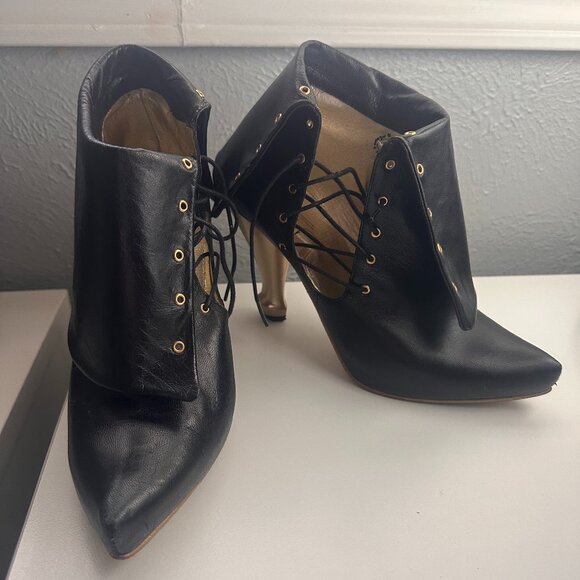 John Fluevog Black Ankle Boots with Gold Accents - Picture 1 of 5